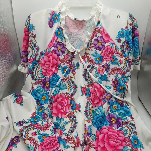 Village Fair White Floral Robe Large  / XL 16 - 22 Kaftan House Dress Length 52" - Picture 3 of 11